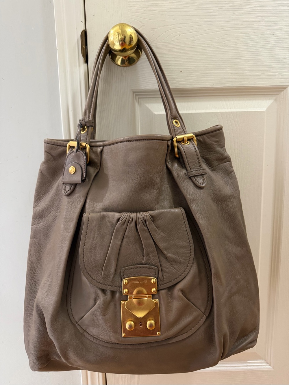 Miu Miu Taupe Leather Trim with Gold Plaque Shoulder Bag